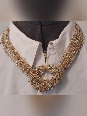 Gold and White Multi-Strand Beaded Necklace with Knot